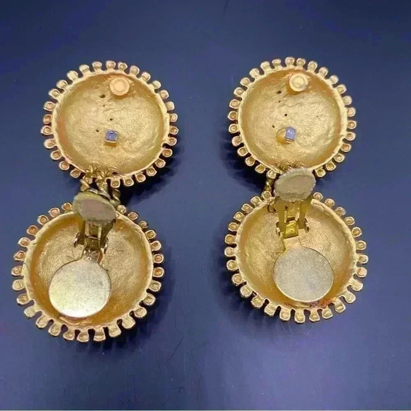 VGT Gold Tone Crystal White Gemstone Round Dangle Statement Earrings - Picture 4 of 7